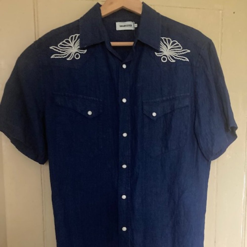 NWT: Taylor Stitch Embroidered Short-Sleeve Western in Indigo Linen (42 - Large)